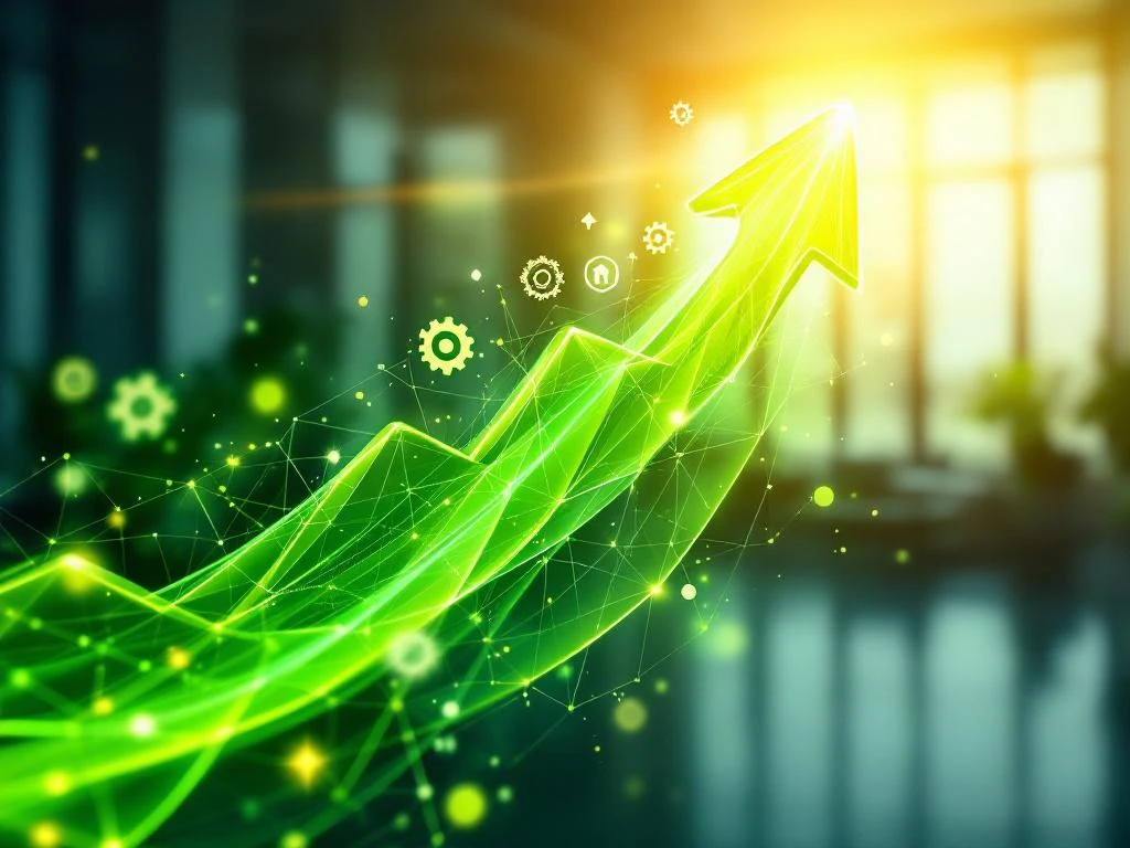 Groene energiestroom met carrièrepaden en netwerkpictogrammen in professionele setting, symboliseert groei en vooruitgang