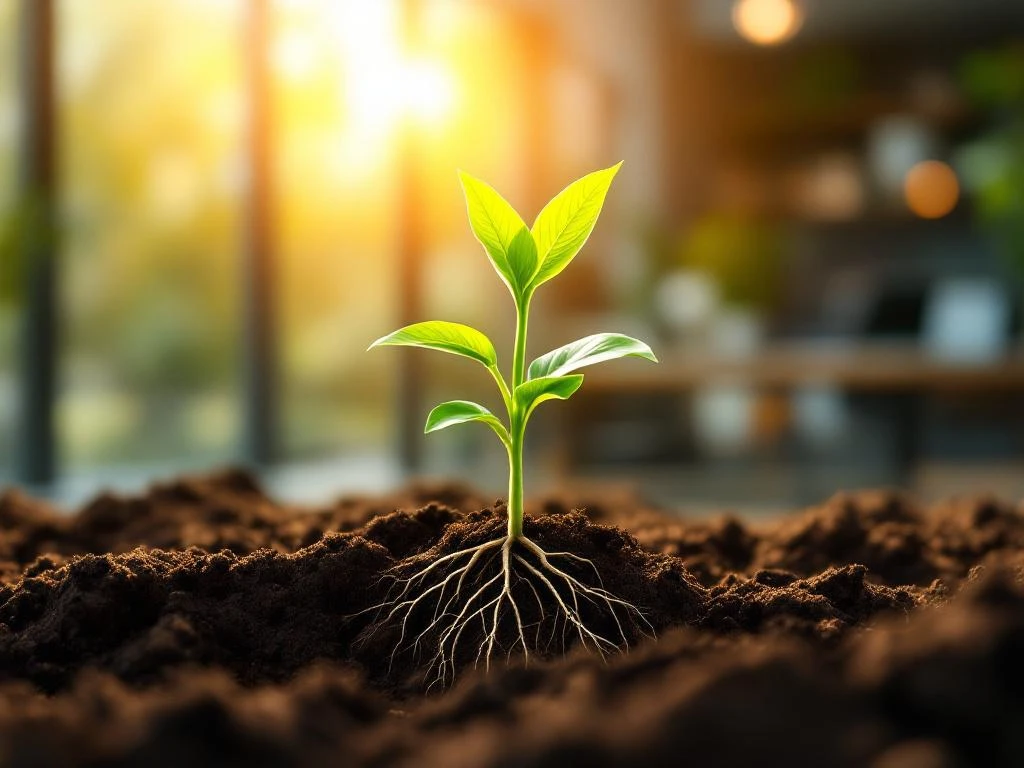 Groeiende plant met sterke wortels in rijke aarde, reikend naar zonlicht door kantoorvenster, symboliseert groei