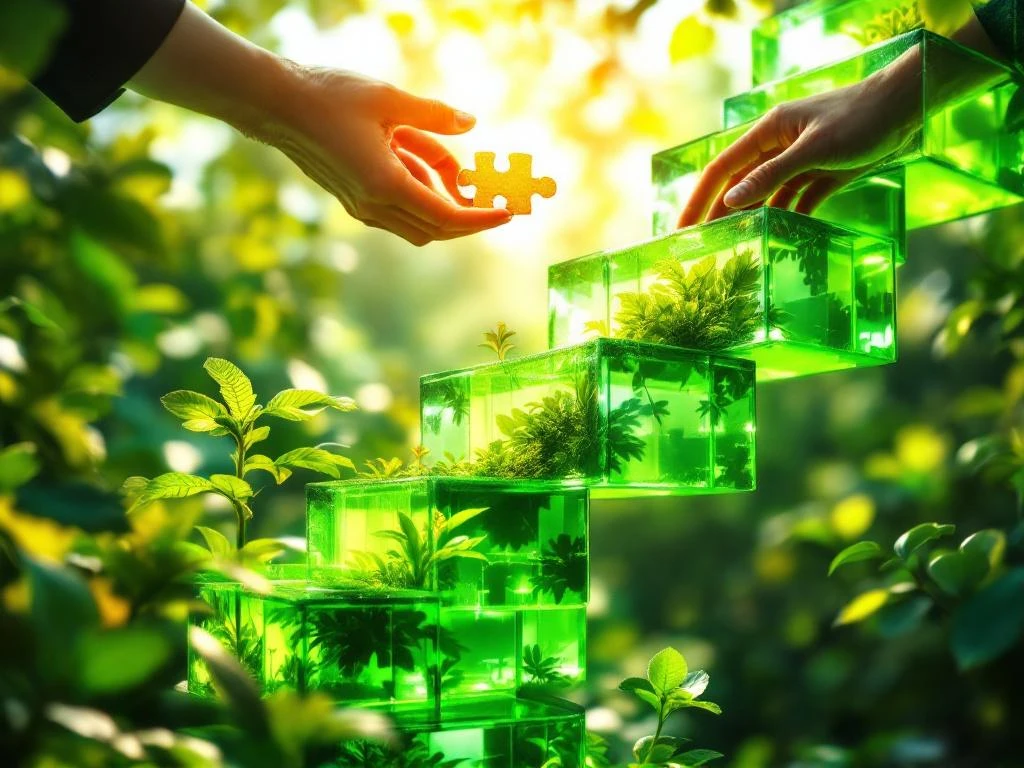 Glazen trap naar boven met handen die gouden puzzelstukjes vastpakken, omringd door groene planten in zonlicht