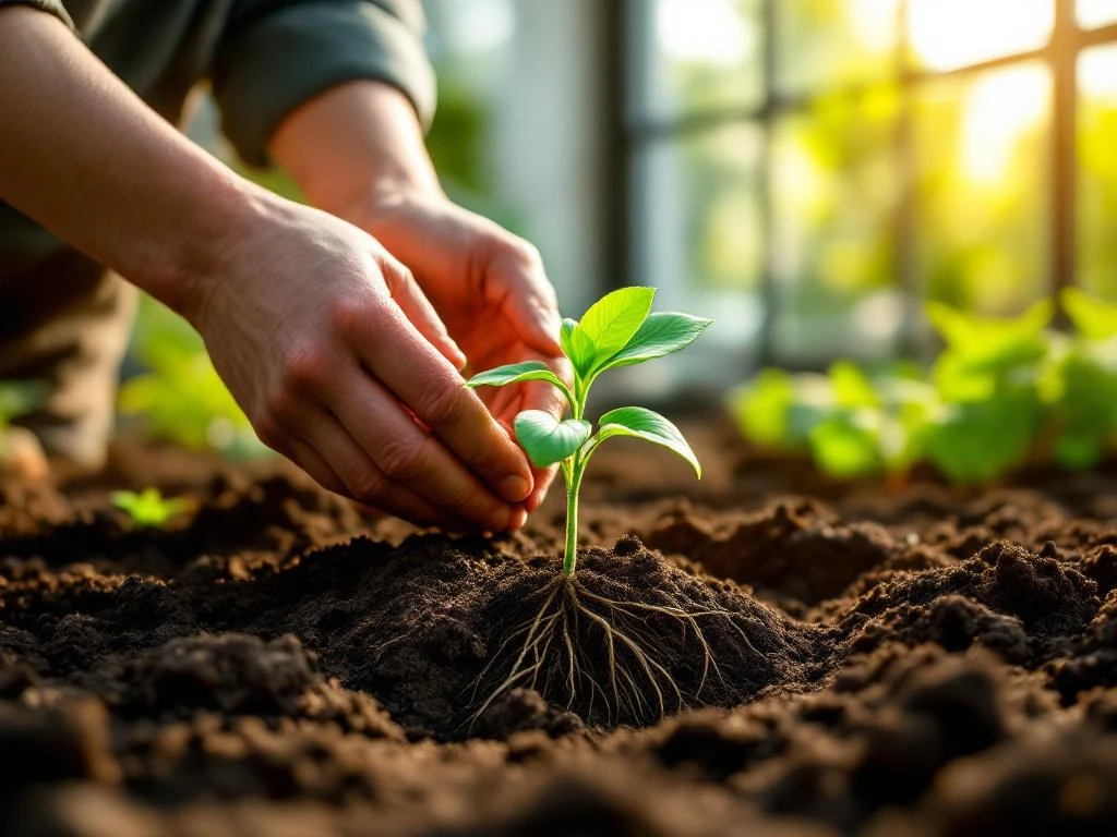 Handen planten groene zaailing in vruchtbare aarde met zichtbare wortels, kantooromgeving met natuurlijk licht