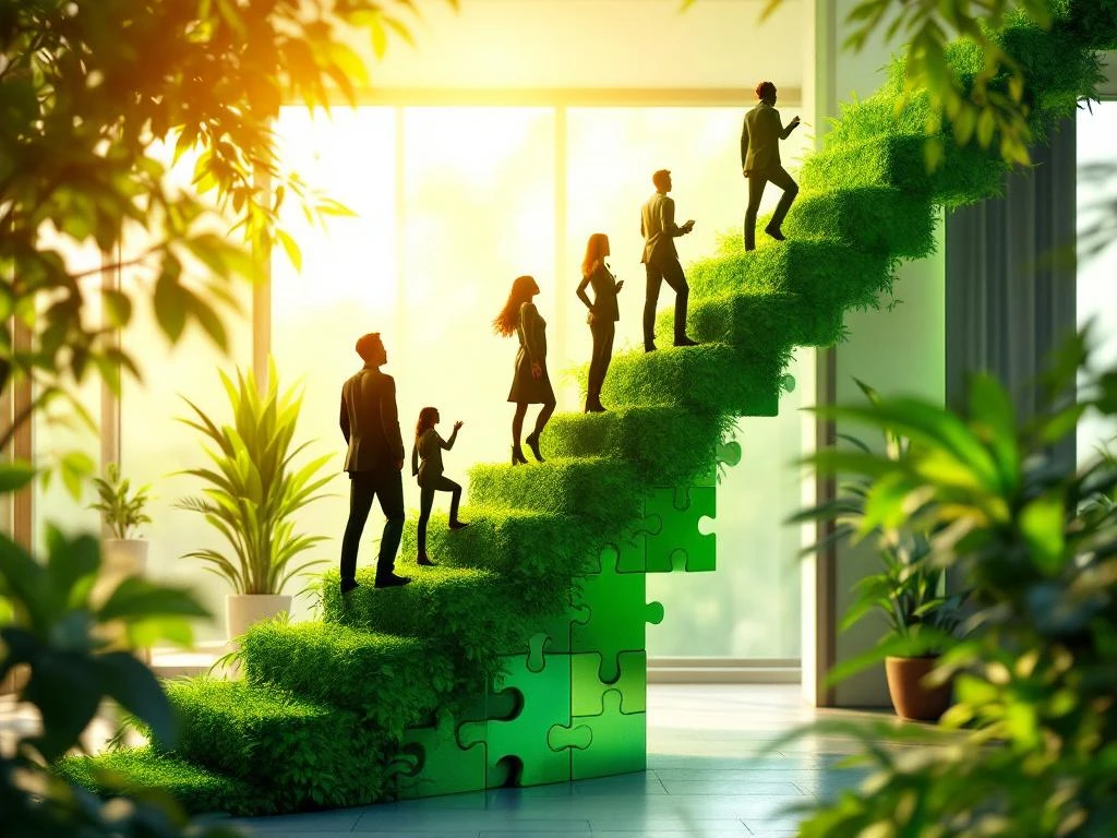 Diverse professionals klimmen op groene puzzelstukken trap naar gouden horizon, symboliseert duurzame carrièreontwikkeling