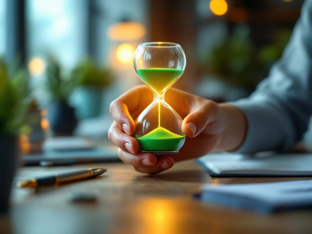 Handen houden gloeiende zandloper met groene zand op houten bureau met notitieboek in moderne kantooromgeving