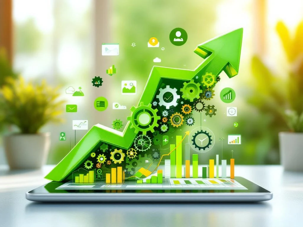 Groene pijl van tandwielen wijst omhoog vanaf tablet met datagrafieken, omringd door carrière-ontwikkelingspictogrammen