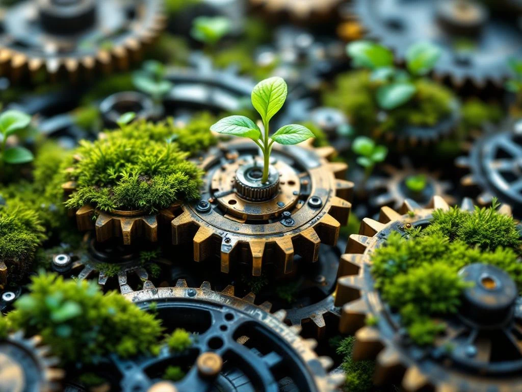 Luchtfoto van bronzen tandwielen met groene planten en mos, symboliseert duurzame ontwikkeling en professionele groei
