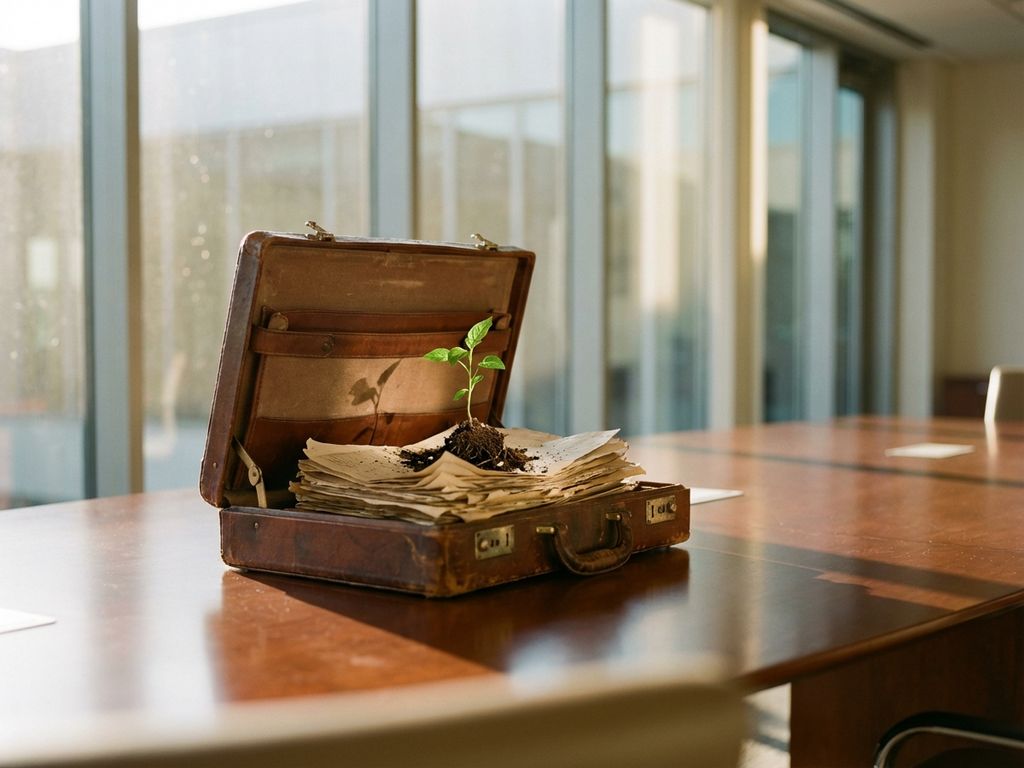 Weathered leather briefcase with green seedling sprouting from open top, roots among documents, morning light through office windows
