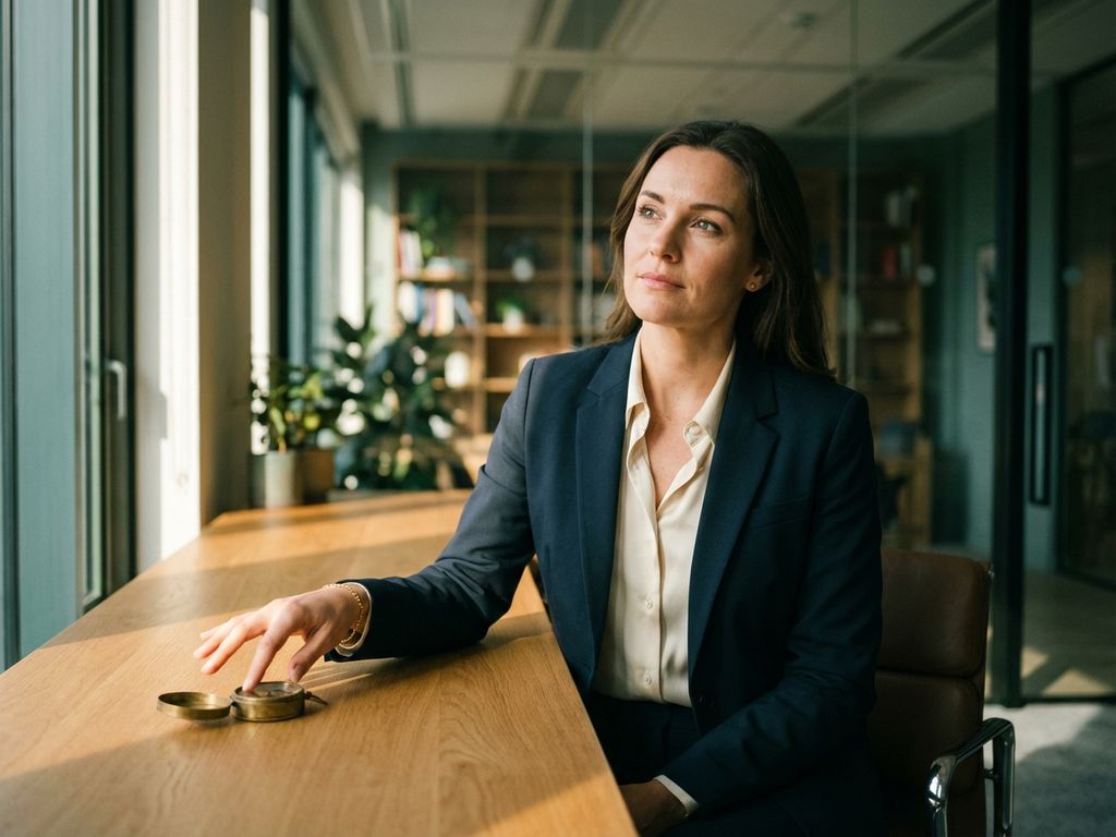 Professional woman in business attire reaching toward a golden compass on a modern desk, warm sunlight illuminating her contemplative face