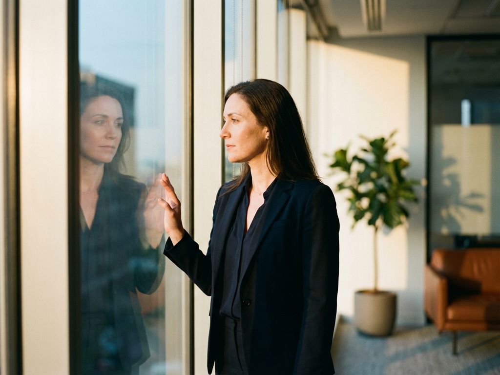 Professional woman in business attire touching office window, gazing at her contemplative reflection in warm golden-hour light