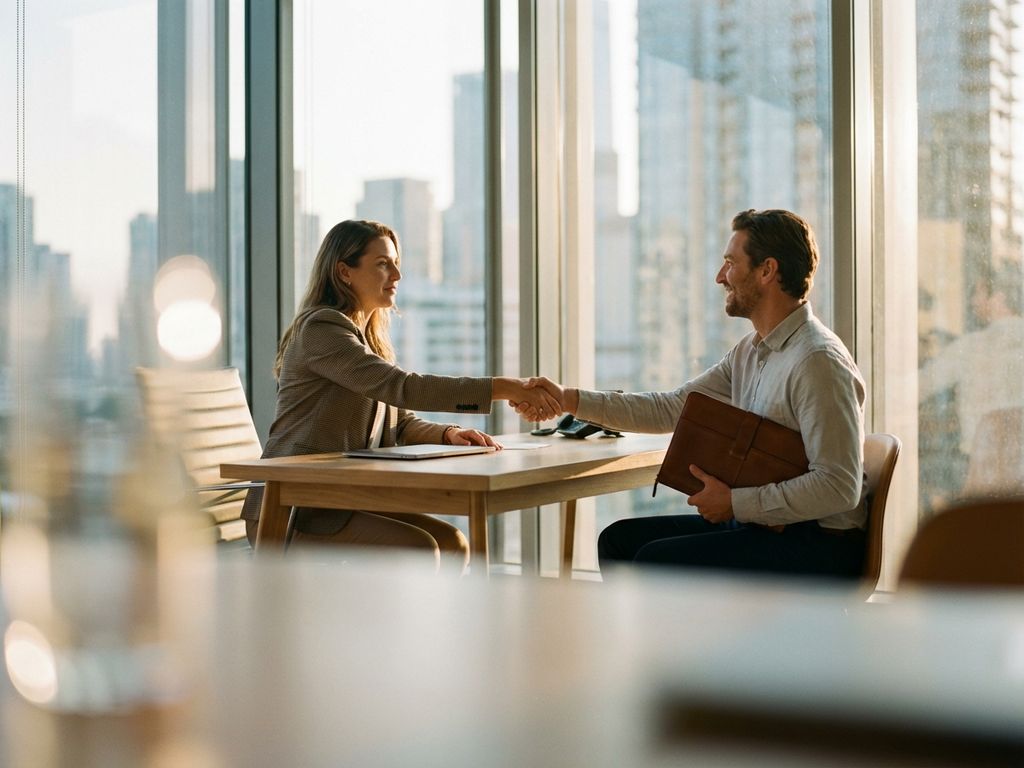 Professional employee shaking hands with career coach at modern office desk during golden-hour consultation