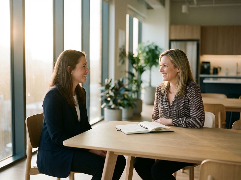 Professional woman and career coach having an engaged conversation at a wooden table in a bright modern office