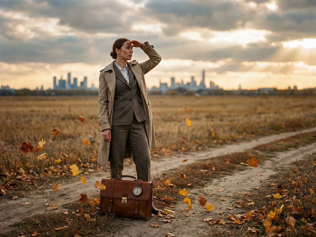 Professional in business attire at a crossroads, shielding eyes while gazing at distant city skyline, compass on briefcase, golden hour light