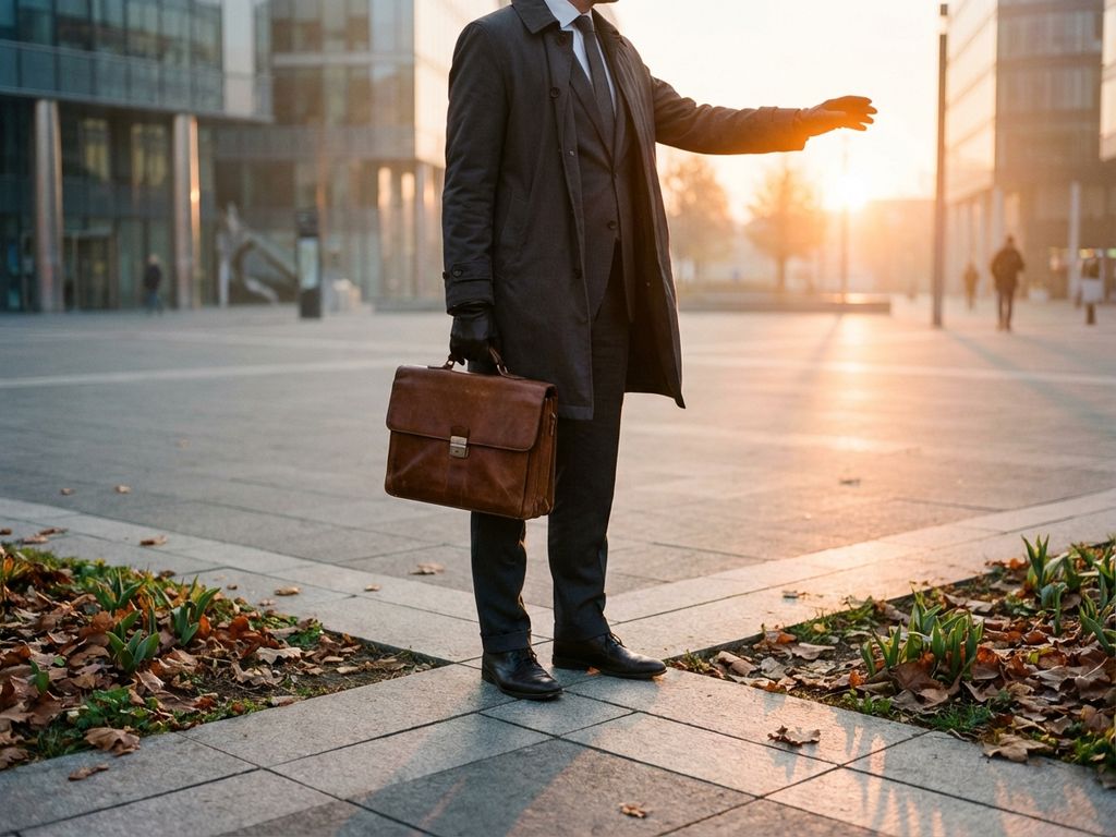 Professional in business attire at a crossroads reaching toward sunrise, autumn leaves becoming green sprouts, golden hour light
