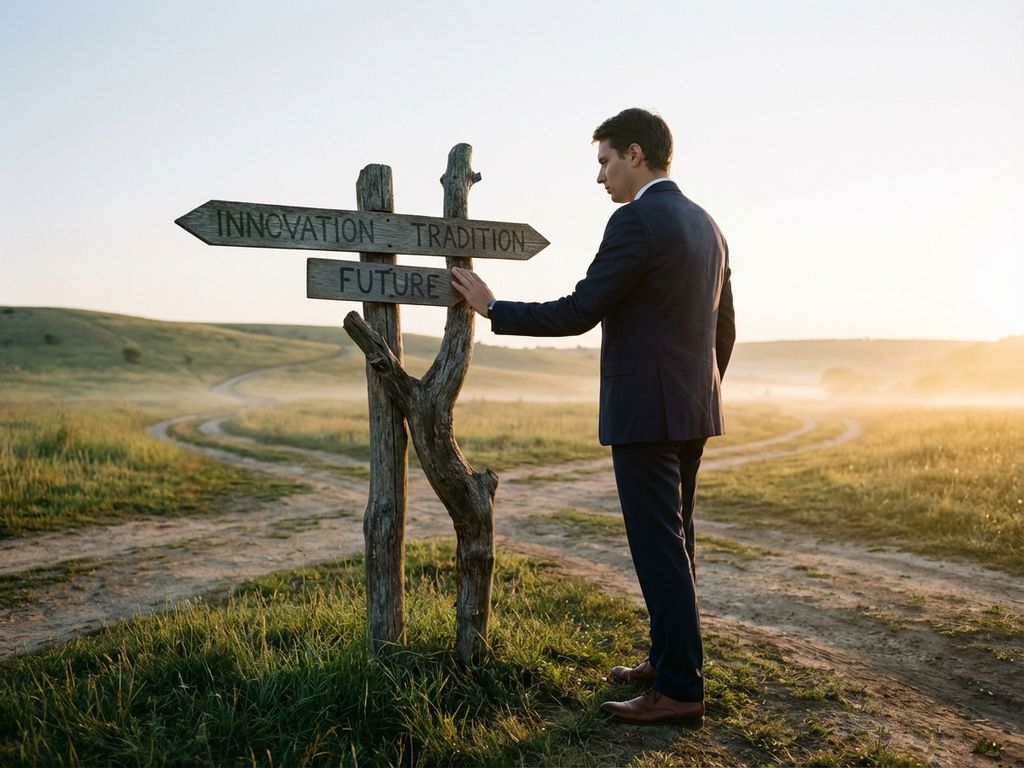 Professional in business attire standing at wooden signpost crossroads, gazing toward golden sunrise over misty rolling hills