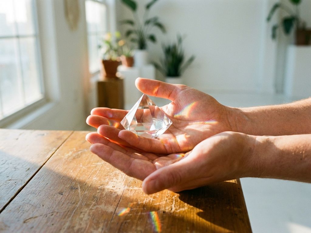 Hands holding a crystal prism in golden sunlight with rainbow refractions casting across palms and wooden table