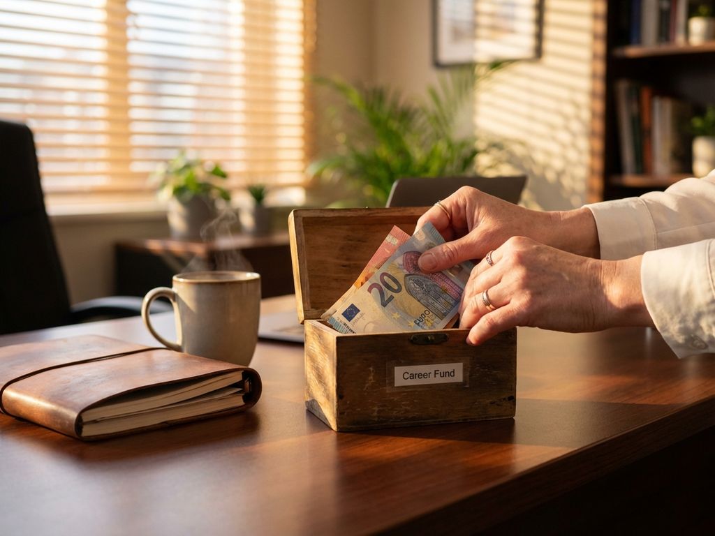 Professional hands placing Euro banknotes into wooden savings box on office desk with notebook and coffee in warm sunlight