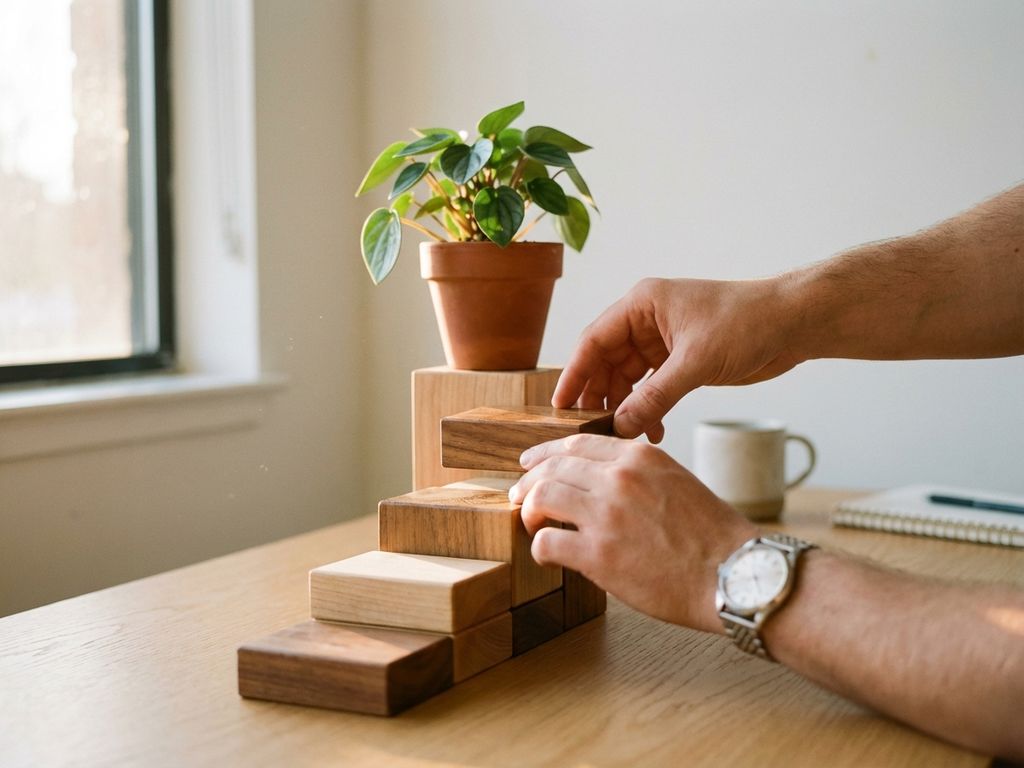 Hands arranging wooden blocks into ascending staircase on modern desk with small green plant at top, warm natural light