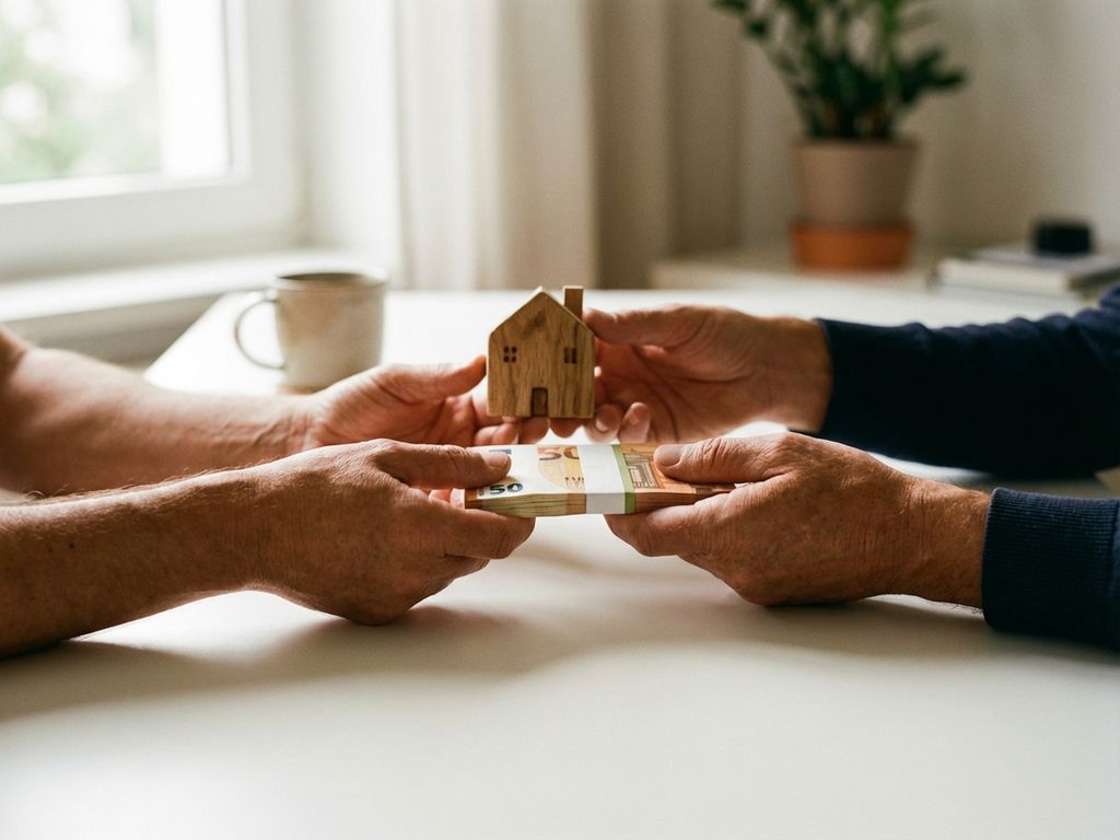 Hands exchanging a wooden house model and euro banknotes across a white desk in warm natural light