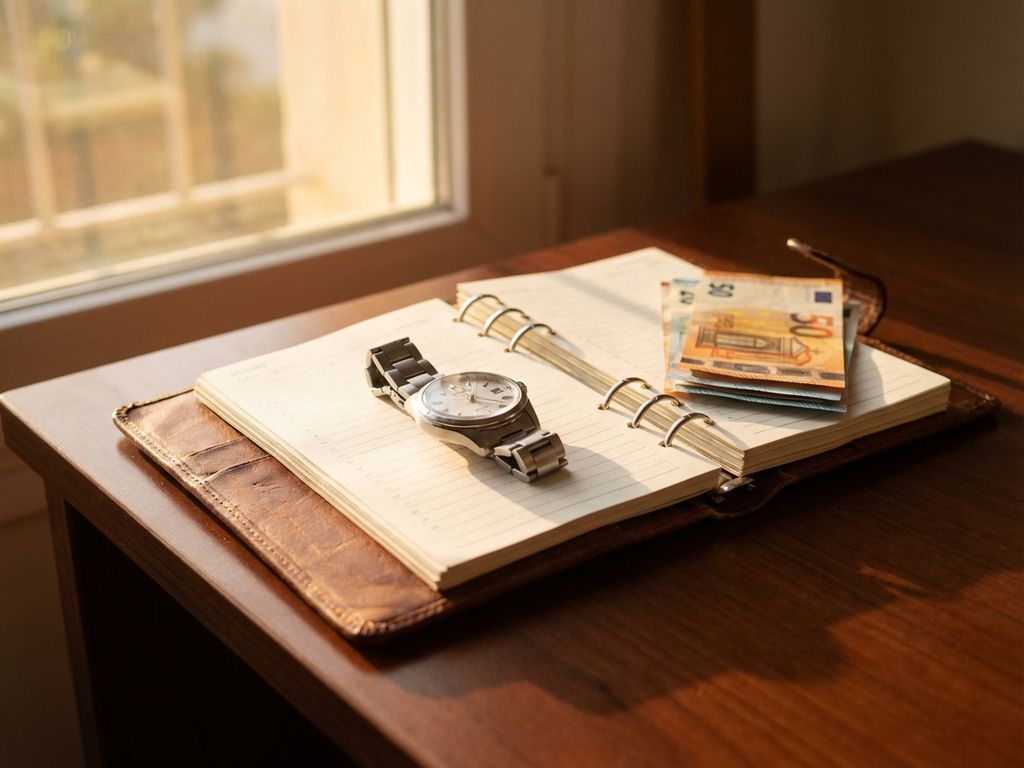 Silver wristwatch on open leather planner with euro banknotes on wooden desk, warm sunlight casting soft shadows