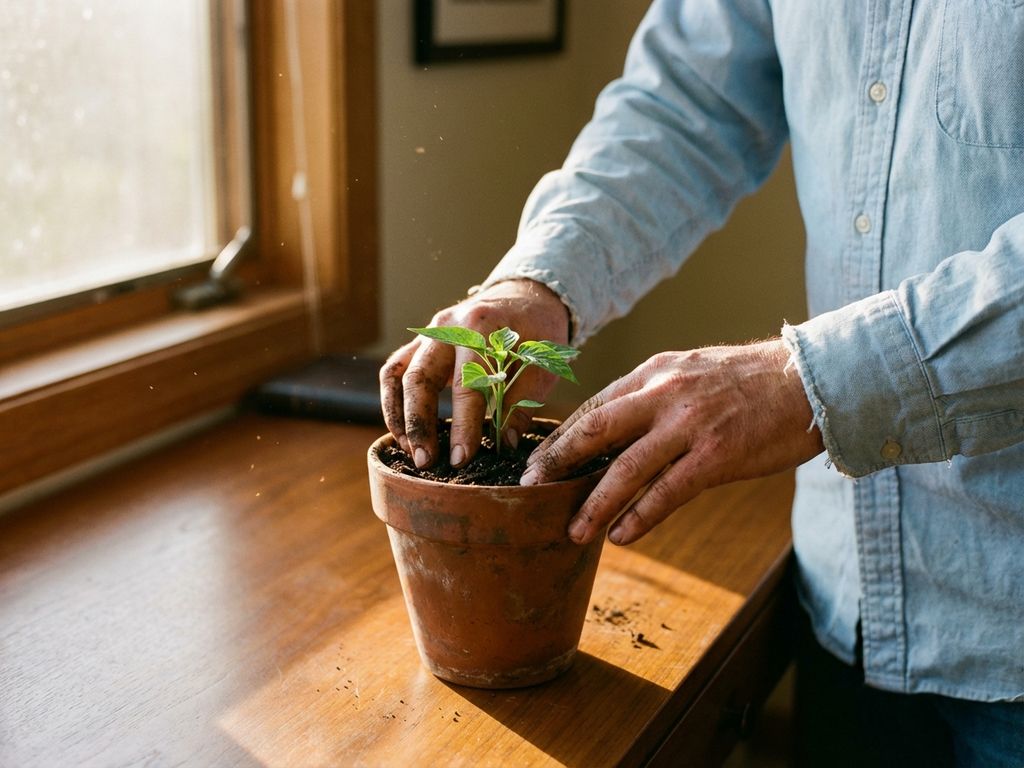 Weathered hands tend a small green plant in a terracotta pot on a wooden desk, warm morning light streaming through a window