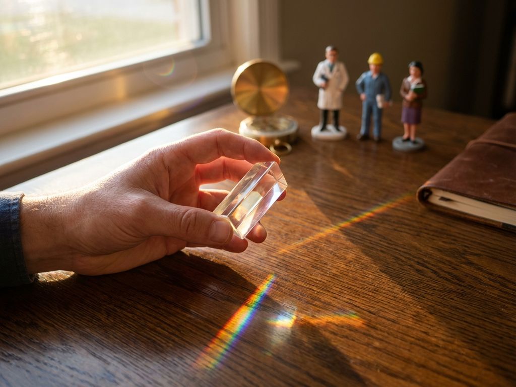 Professional hands holding a glass prism refracting colorful light onto a wooden desk with blurred compass and figurines in golden-hour light