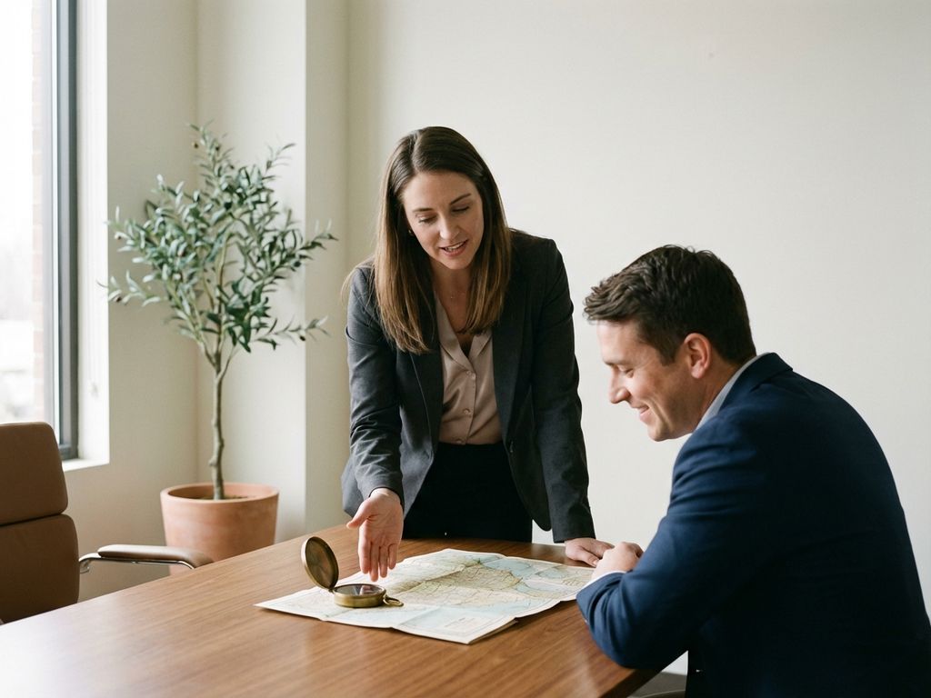 Business coach leaning forward at wooden desk with client, compass and roadmap between them, natural light in modern office