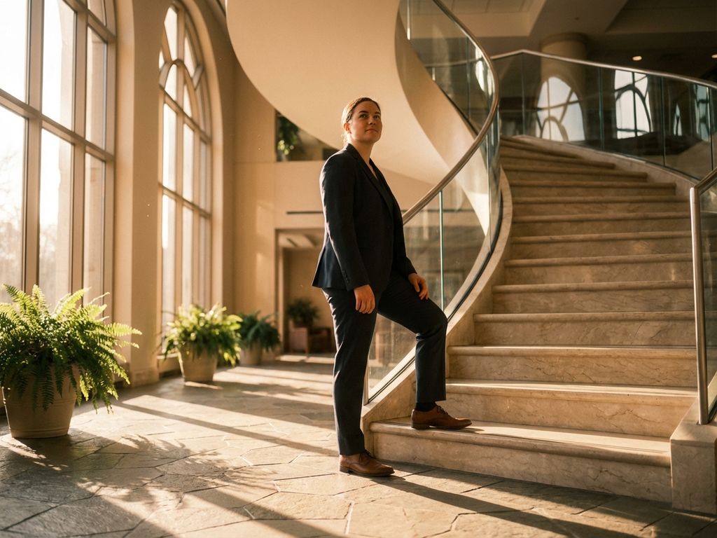 Professional in business suit standing confidently at base of spiral staircase in sunlit corporate atrium, gazing upward