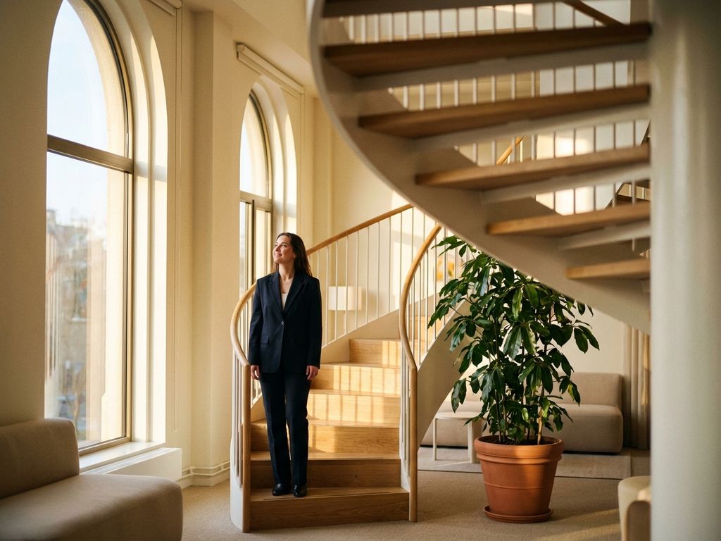 Professional in business attire gazing up a sunlit spiral staircase in modern office, potted plant nearby, golden hour light