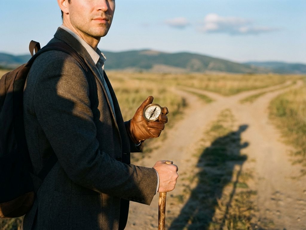 Professional holding a brass compass at a crossroads during golden hour, rolling hills and blue sky in background