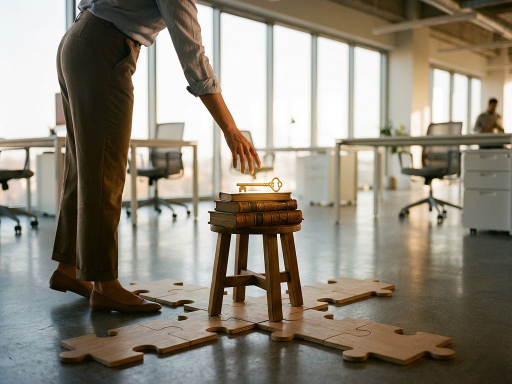 Professional reaching for golden key on books while standing at puzzle piece crossroads in sunlit modern office