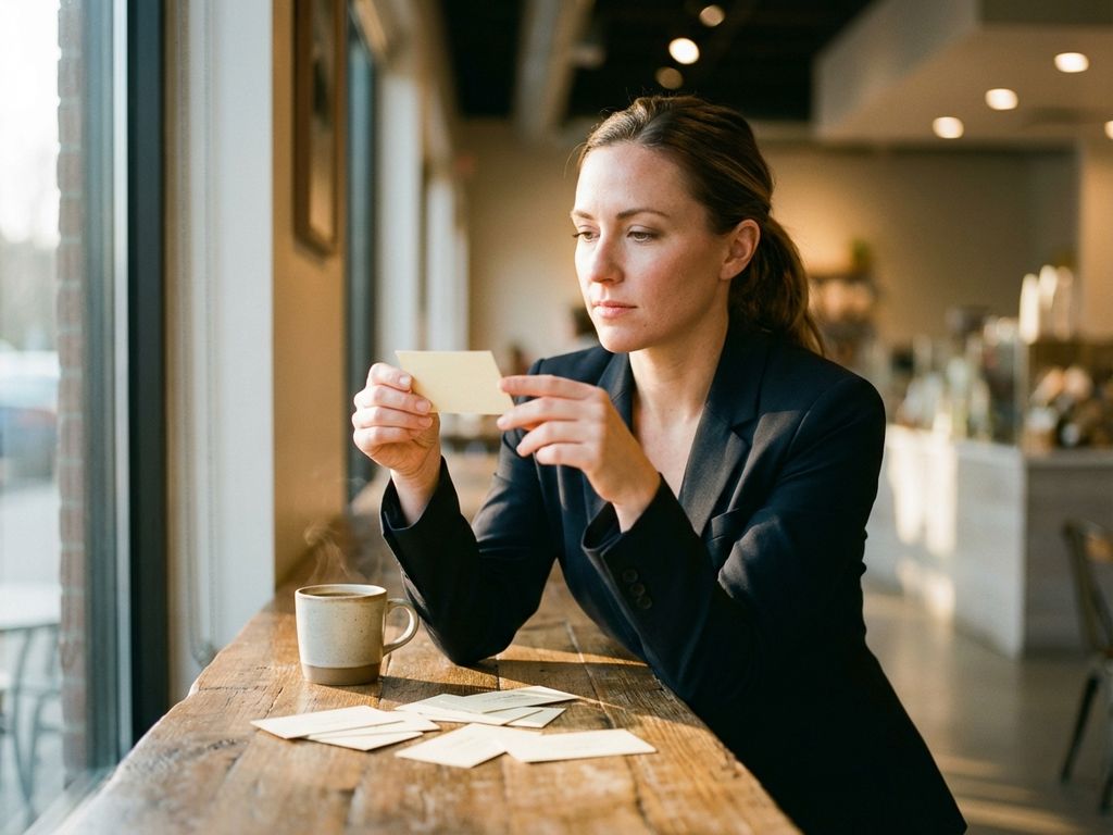 Professional woman examining business cards at a sunlit café table, holding one card thoughtfully, coffee cup nearby