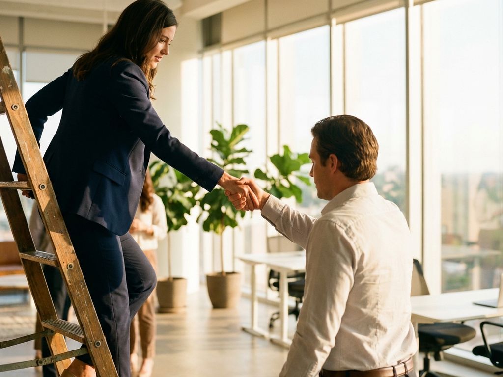 Professional woman helping colleague climb ladder in sunlit modern office, hands clasped in supportive gesture