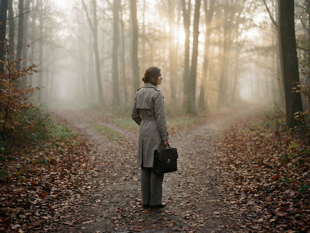Professional woman with briefcase standing at foggy forest crossroads, autumn leaves scattered on diverging paths, golden morning light
