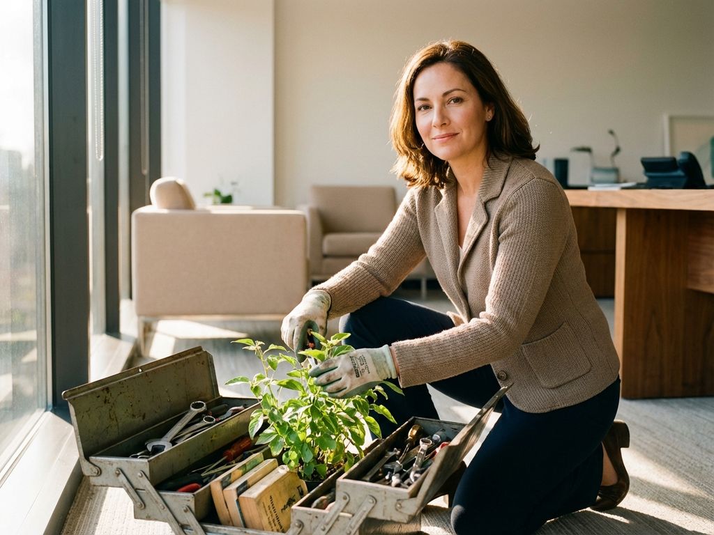 Professional woman nurturing a small plant growing from a toolbox with books, bathed in golden office sunlight