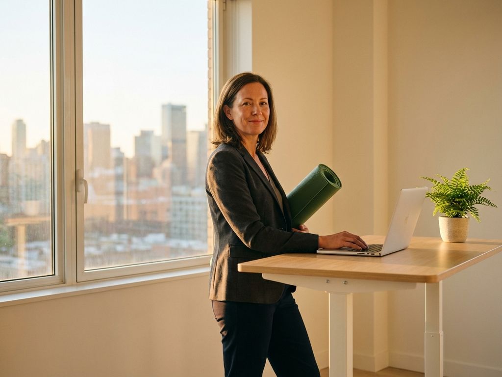 Professional woman at standing desk with laptop and yoga mat in sunlit minimalist office with plant