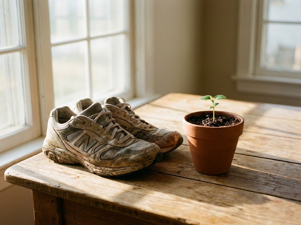 Weathered leather running shoes beside a green seedling in dark soil, bathed in warm golden morning light on wooden surface