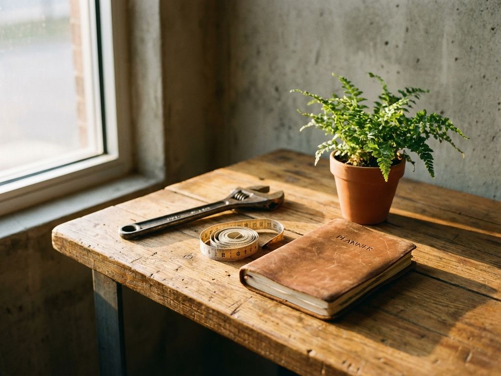 Organised tools including wrench and measuring tape on wooden workbench with small potted plant in warm natural light