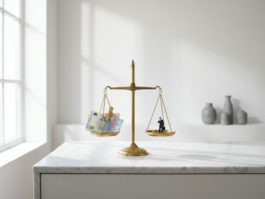 Brass balance scale weighing euro banknotes against a business professional figurine on white marble surface