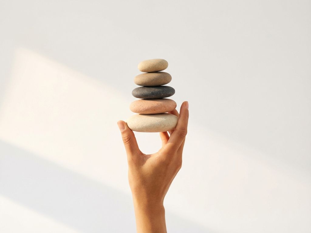 Hand cradling five balanced river stones in cairn formation against white background with soft morning light