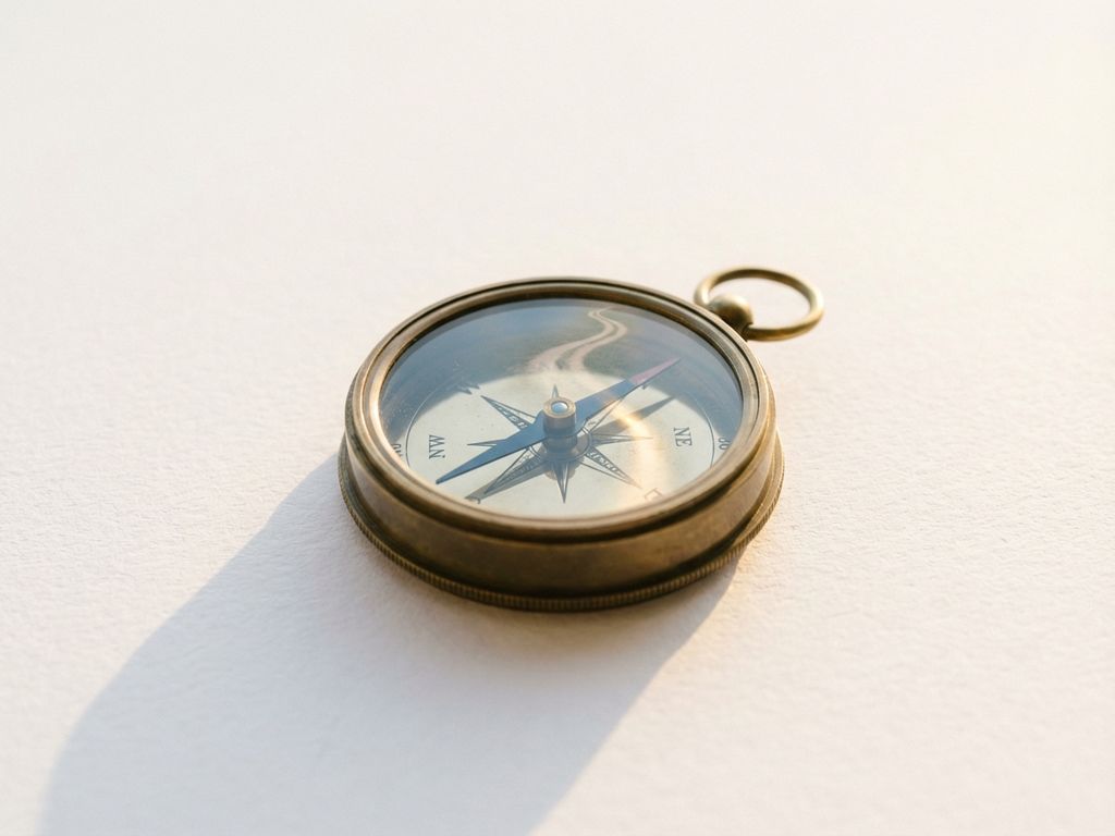 Polished compass with needle pointing forward on white surface, golden morning light casting soft shadow, road reflected in glass face