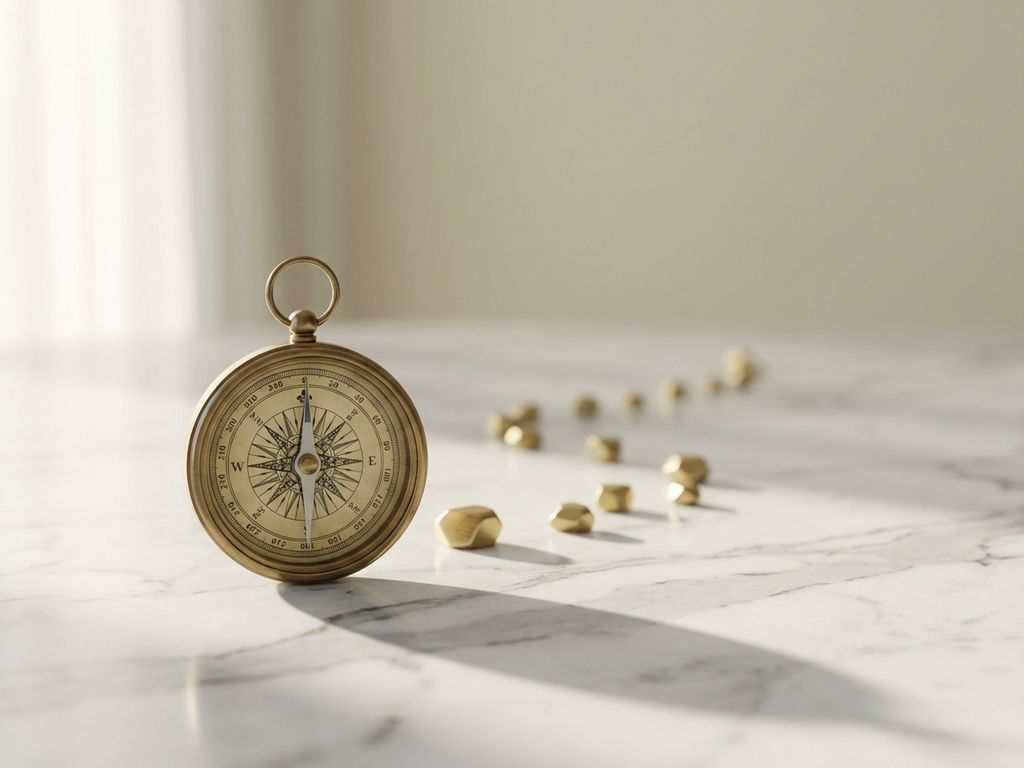 Brass compass on white marble surface with needle pointing toward golden stepping stones, soft morning light casting gentle shadow