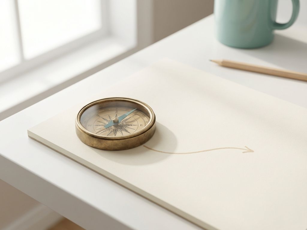 Compass on white desk pointing toward a subtle path drawn on minimalist paper, soft natural light, muted beige and teal tones