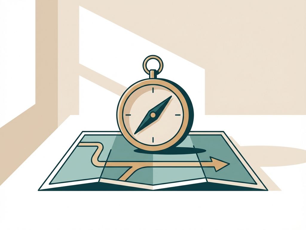 Compass with needle pointing forward on minimal paper map, soft natural lighting, muted teal and beige flat vector illustration