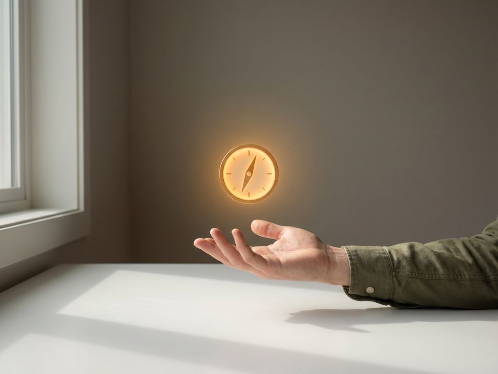 Open hand reaching toward a glowing compass with needle pointing forward, minimalist composition with soft morning light