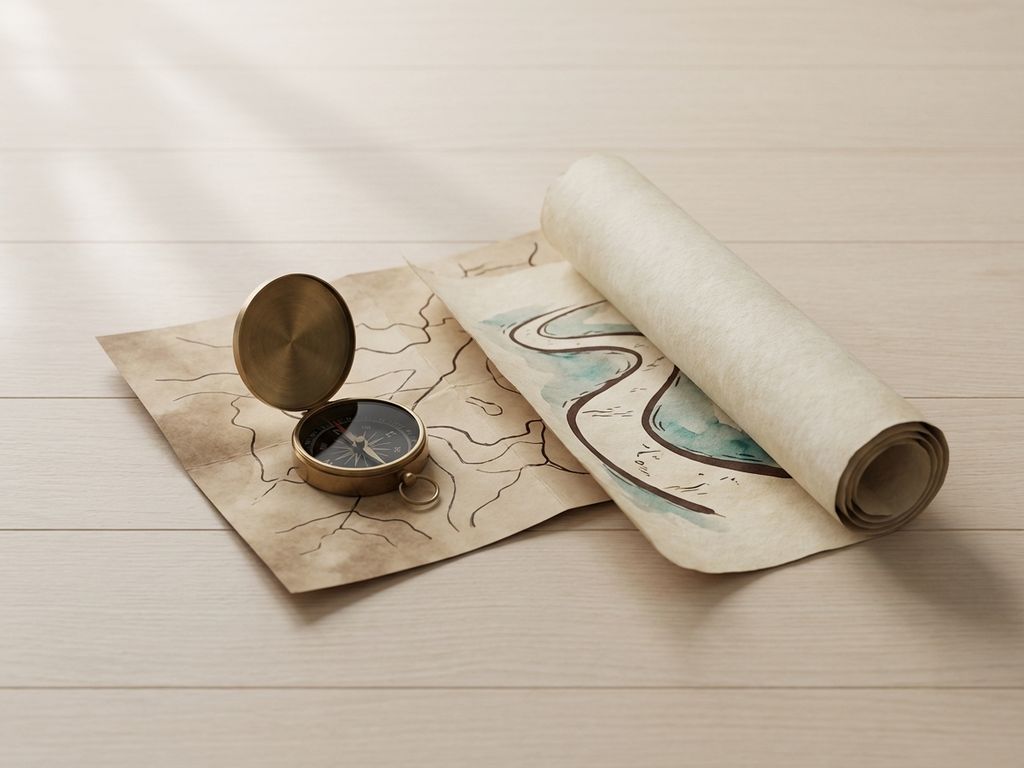 Compass resting on unfolded map beside partially unfurled parchment scroll on wooden desk, soft daylight, minimalist earth tones