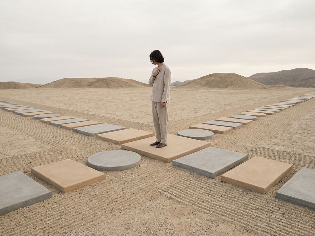 Person standing contemplatively at geometric stepping stones crossroads in minimalist beige and grey landscape with soft daylight