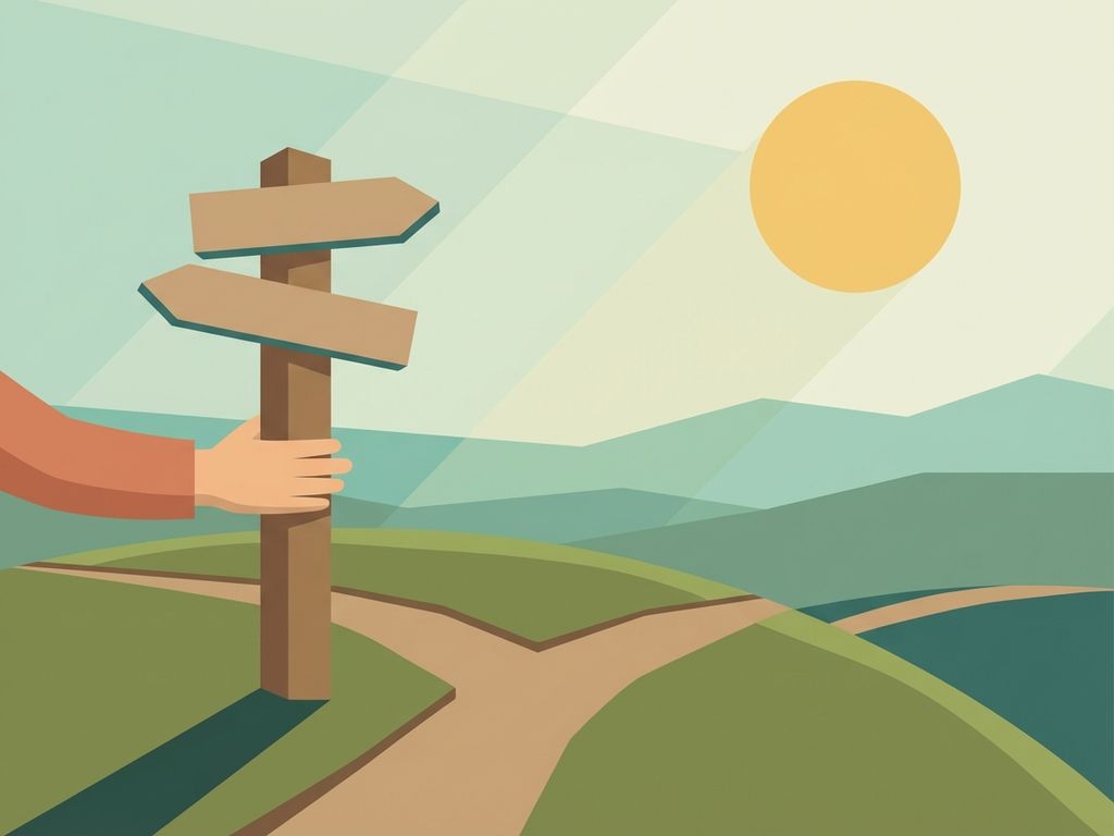 Wooden signpost at a crossroads on a peaceful hillside with hand resting on post, warm morning light, minimalist vector style