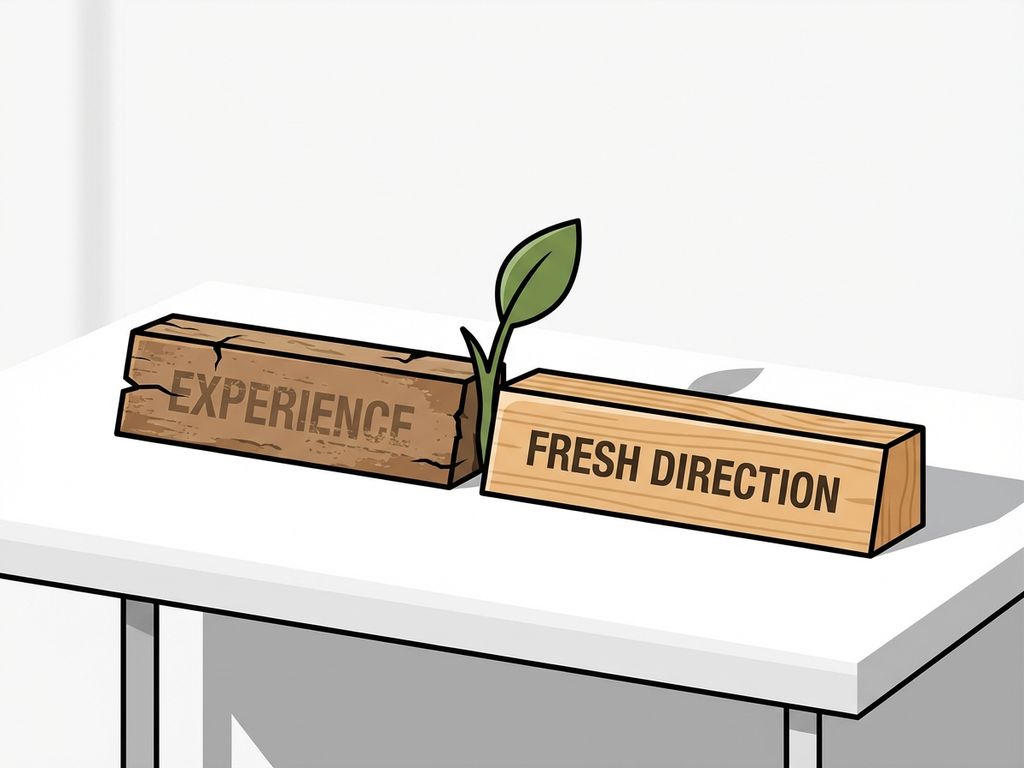 Two wooden desk nameplates, one weathered and one polished, with a green plant stem growing between them on a minimalist white desk