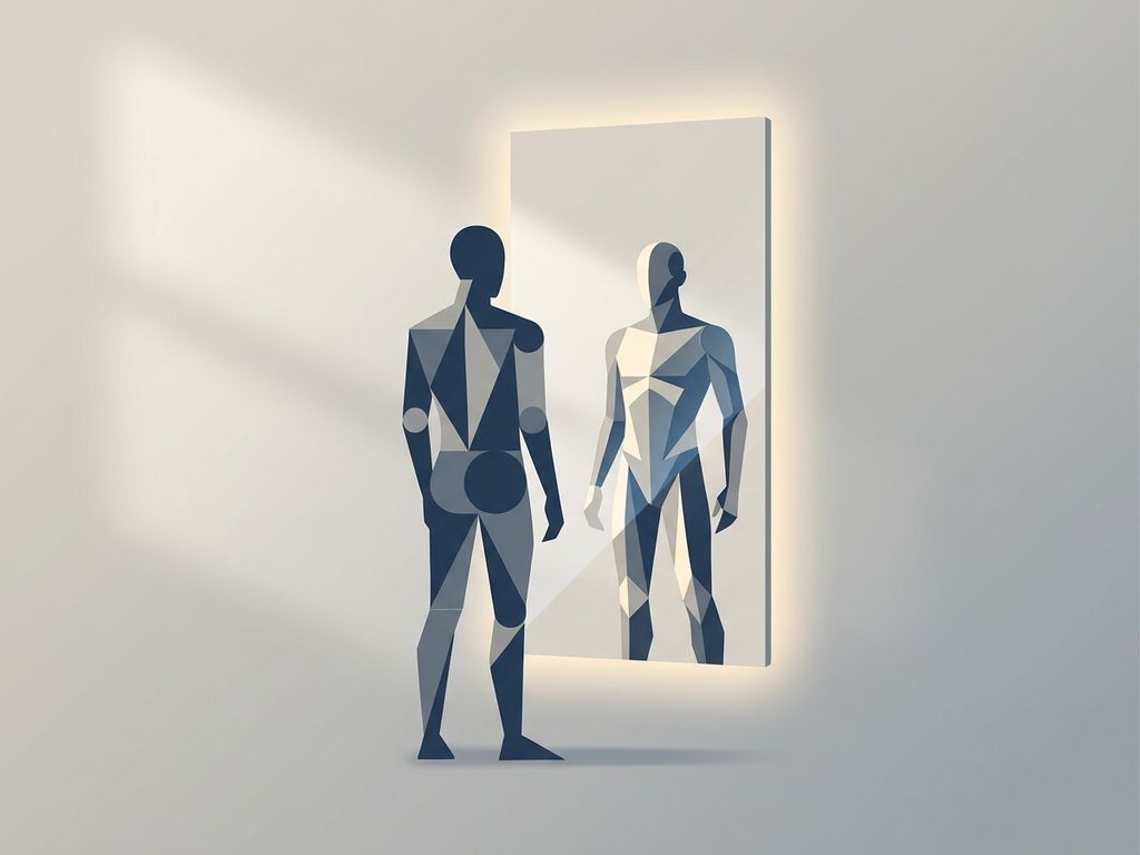 Geometric human silhouette facing mirror with evolved reflection, minimalist vector art in muted blues and ivory tones