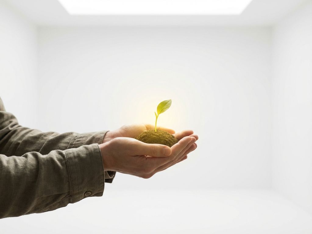 Hands gently cupping a small glowing seedling in soil, warm light illuminating fingers against a minimalist white background