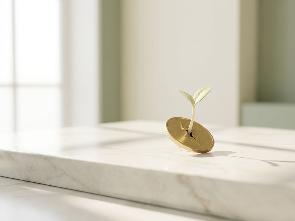 Golden coin balanced on edge with green sprout growing from its centre on white marble surface in soft natural light