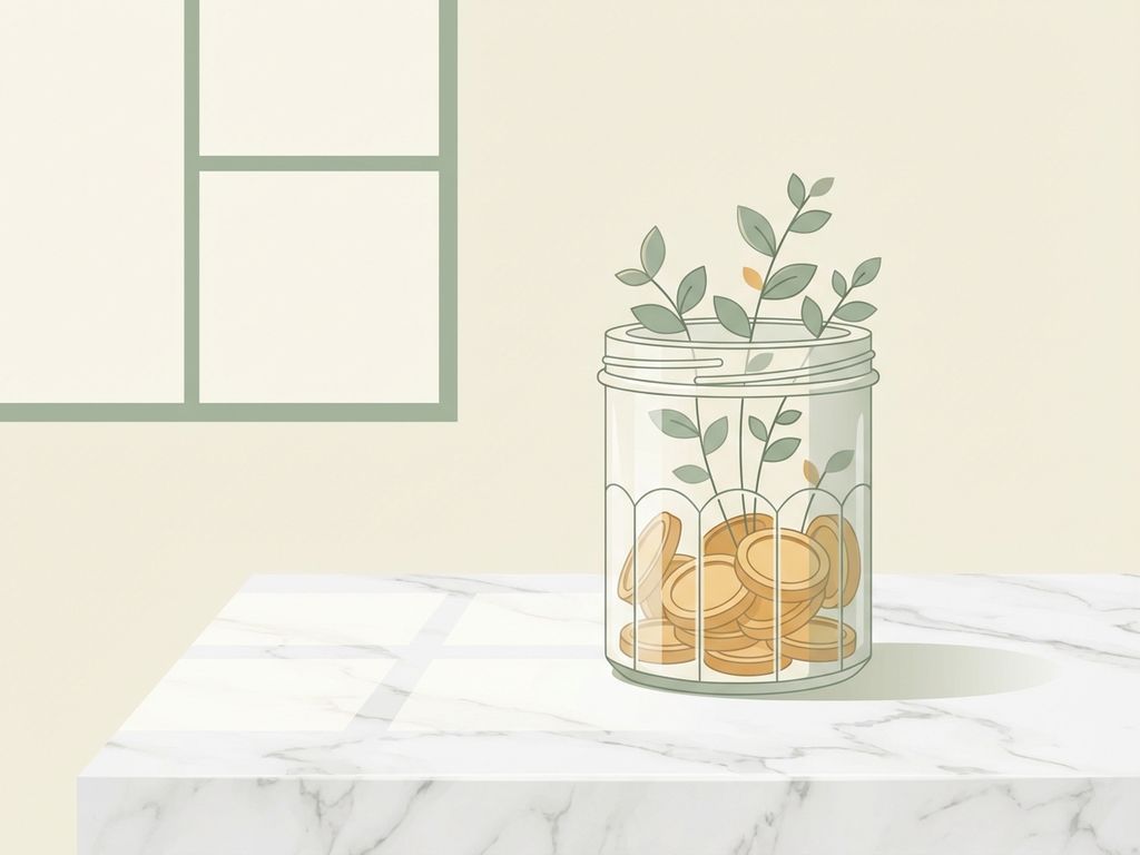 Glass jar filled with golden coins and small green plant sprouting from top, symbolizing financial growth, on white marble surface